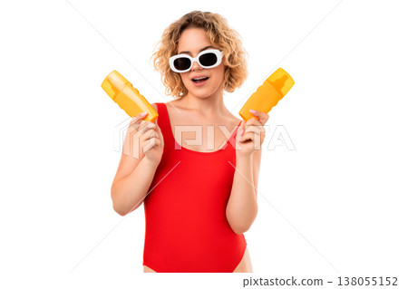 Woman in red swimsuit smiles with yellow treats, PNG 138055152