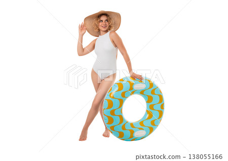 Woman in swimsuit stands by float at summer beach, PNG Woman in swimsuit stands by float at summer beach, PNG 138055166