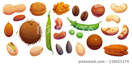 Cartoon raw ripe nuts, legume beans and seeds, vector food. Almond, hazelnut, peanut and walnut, pistachio, cashew, coconut and macadamia nuts. Cartoon coffee beans, pumpkin seed and green pea pod Cartoon raw ripe nuts, legume beans and seeds, vector food. Almond, hazelnut, peanut and walnut, pistachio, cashew, coconut and macadamia nuts. Cartoon coffee beans, pumpkin seed and green pea pod 138055174