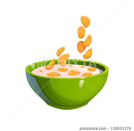 Breakfast cereal flakes falling into bowl with milk showing cooking process moment with crunchy pieces floating in creamy liquid. Cartoon vector kitchen food preparation scene with healthy nutrition 138055179