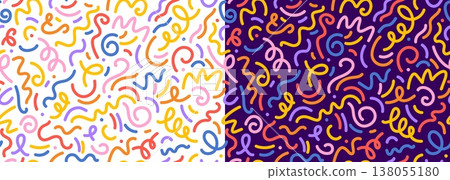 Squiggly line seamless pattern background, abstract fun shapes, kids holiday bg. Vector doodle art geometric pattern of hand drawn color squiggles, wavy lines and dots, bright scribbles and swirls Squiggly line seamless pattern background, abstract fun shapes, kids holiday bg. Vector doodle art geometric pattern of hand drawn color squiggles, wavy lines and dots, bright scribbles and swirls 138055180