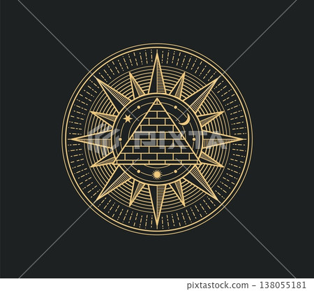Alchemy occult mystical pyramid, sun and moon symbol or seal. Alchemy or astrology mystical round symbol, cultist magic esoteric golden vector tattoo. Witchcraft occult seal with egyptian pyramid Alchemy occult mystical pyramid, sun and moon symbol or seal. Alchemy or astrology mystical round symbol, cultist magic esoteric golden vector tattoo. Witchcraft occult seal with egyptian pyramid 138055181