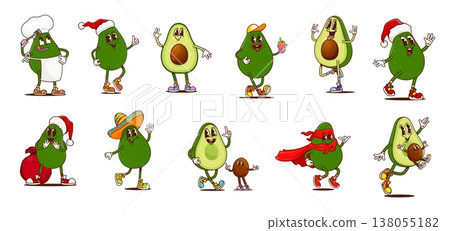 Mexican groovy avocado fruit characters with cute baby seeds, vector retro hippie food. Cartoon groovy green avocado fruits with happy faces wearing sombreros, superhero costumes, chef and Santa hats Mexican groovy avocado fruit characters with cute baby seeds, vector retro hippie food. Cartoon groovy green avocado fruits with happy faces wearing sombreros, superhero costumes, chef and Santa hats 138055182