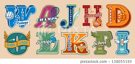 Varsity sport patch labels, college or university club letters badges set. Vector basketball, baseball and american football, volleyball and rugby balls, glove, cap letters, varsity patches and prints 138055193