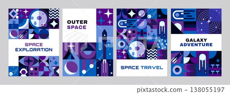 Modern galaxy space posters with geometric Bauhaus pattern. Cosmos research vector flyer with Bauhaus geometric pattern. Universe and Space exploration poster with spaceship rocket, planets and stars 138055197