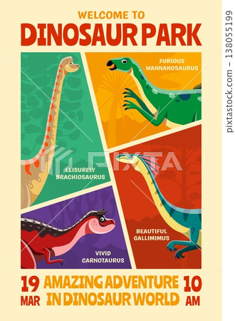 Dinosaur park poster with cartoon jurassic dino at prehistoric jungle trees silhouettes vector background. Cute brachiosaurus, carnotaurus, wannanosaurus and gallimimus dinosaurs, dino park poster 138055199