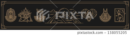 Sacred egyptian symbols with vector line ancient Egypt pharaoh pyramids, scarab and Cleopatra. Sacred egyptian black cat, eye of Horus and Tutankhamun, god Anubis and Bastet in outline geometric frame Sacred egyptian symbols with vector line ancient Egypt pharaoh pyramids, scarab and Cleopatra. Sacred egyptian black cat, eye of Horus and Tutankhamun, god Anubis and Bastet in outline geometric frame 138055205