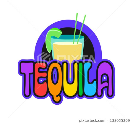 Tequila cocktail drink western and Wild West Y2K groovy sticker. Wild West retro vector tag, western country culture sticker. Texas label with tequila drink glass and vibrant color typography text 138055209