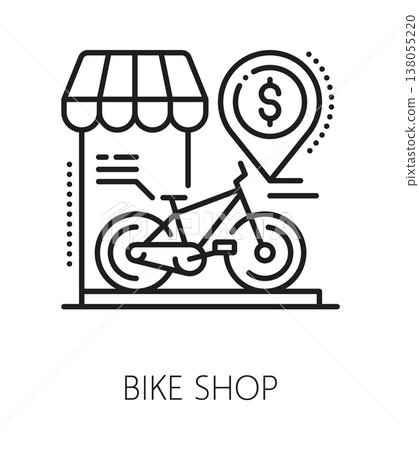 Bicycle shop and repair service line icon or symbol. Bike bicycle shop and repair equipment shop outline pictogram, mechanic center linear vector sign. Bicycle repair workshop service icon or symbol 138055220
