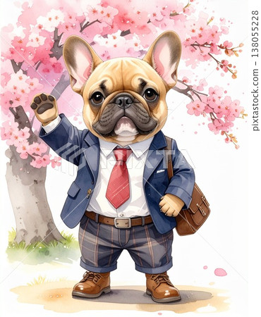 一隻快樂的法國鬥牛犬在櫻桃樹下散步——慶祝新生命的插圖3 / 傳單和海報素材 138055228