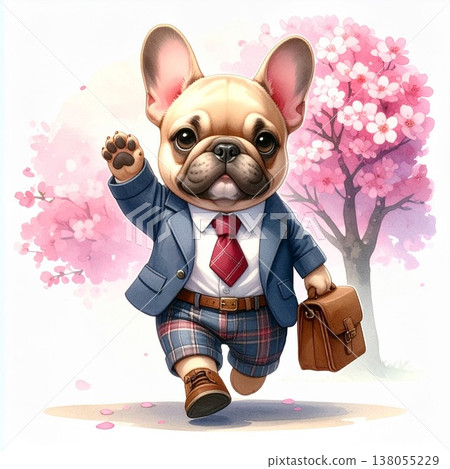 一隻快樂的法國鬥牛犬在櫻桃樹下散步——新生命慶祝插圖2 / 傳單和海報素材 138055229