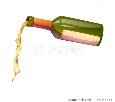 White wine pouring from glass bottle with flowing liquid. Cartoon culinary kitchen food preparation scene with beverage stream. Isolated vector cooking process of alcohol ingredient addition in recipe White wine pouring from glass bottle with flowing liquid. Cartoon culinary kitchen food preparation scene with beverage stream. Isolated vector cooking process of alcohol ingredient addition in recipe 138055234
