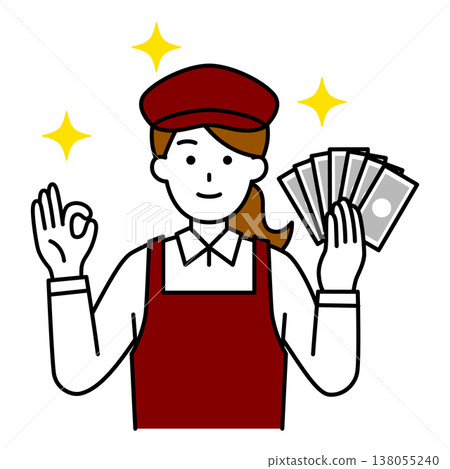 A female cafe employee gives an OK sign while holding a banknote. 138055240