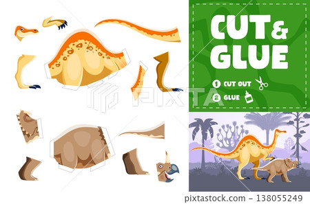 Cut and glue kids game with prehistoric dinosaurs. Prehistoric animal cut and glue vector kids game, DIY puzzle model. Handmade paper craft toy with Deinocheirus and Centrosaurus cartoon dinosaurs 138055249