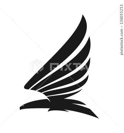 Black eagle flying bird of prey graphic icon or pictogram. Black eagle bird heraldic symbol, hunting bird of prey company sign. Hawk graphic icon 138055253