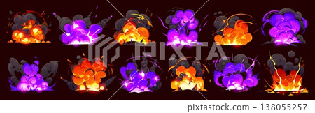Cartoon bomb explosion and magic smoke effects, vector red and purple fire. Fiery orange blasts and glowing purple smoke clouds of cartoon bomb blasts and boom explosives of TNT or dynamite explode Cartoon bomb explosion and magic smoke effects, vector red and purple fire. Fiery orange blasts and glowing purple smoke clouds of cartoon bomb blasts and boom explosives of TNT or dynamite explode 138055257