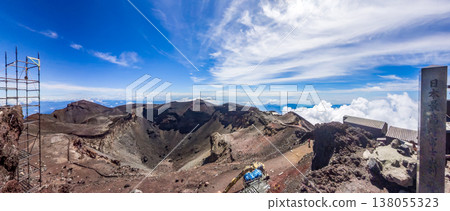 富士山攀登:從劍峰峰眺望富士山頂火山口。 富士山攀登:從劍峰峰眺望富士山頂火山口。 138055323