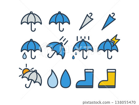 雨傘和陽傘圖示集、雨靴、下雨天、預防中暑、雨季 雨傘和陽傘圖示集、雨靴、下雨天、預防中暑、雨季 138055470