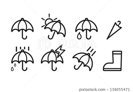 一套線條藝術風格的雨傘和陽傘圖示。簡約的黑白設計。 一套線條藝術風格的雨傘和陽傘圖示。簡約的黑白設計。 138055471