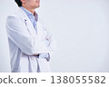 A faceless male doctor in his 30s, wearing a white coat and with his arms crossed, photographed from the side against a white background. 138055582