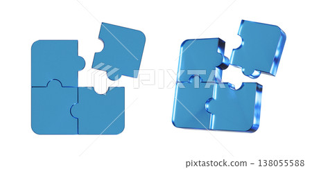 A 3D illustration of a flat icon of a puzzle piece. It has a translucent blue glass or acrylic-like texture. A 3D illustration of a flat icon of a puzzle piece. It has a translucent blue glass or acrylic-like texture. 138055588