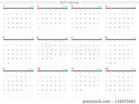 Simple 2027 calendar with memo space, 12-month overview, includes Japanese public holidays. 138055662