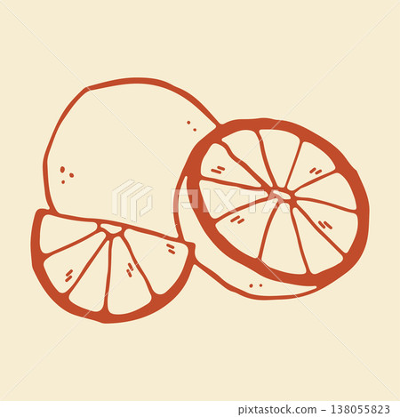 Hand drawn vector illustration of a whole lime fruit, a half, and a segment. Minimalist red line art icon of citrus for healthy juice branding and cafe menu design 138055823