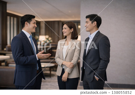 Three business people converse naturally in a high-end office lobby. Three business people converse naturally in a high-end office lobby. 138055852