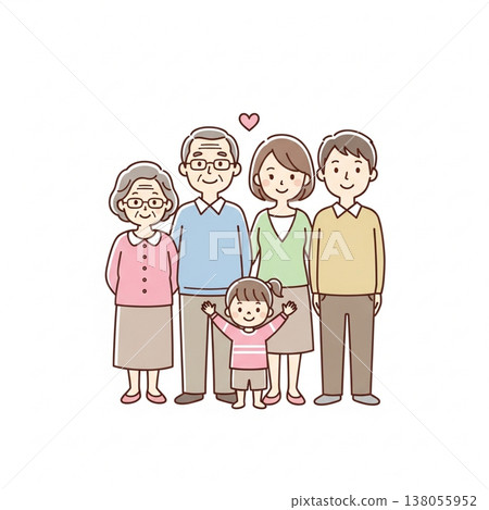 簡潔可愛的日本三代家庭插畫；笑容燦爛的日本家庭；扁平化設計，白色背景。 138055952