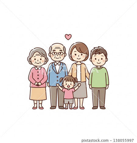 簡潔可愛的日本三代家庭插畫；笑容燦爛的日本家庭；扁平化設計，白色背景。 138055997
