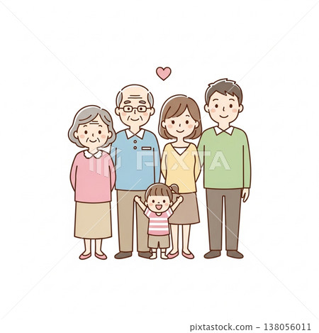 簡潔可愛的日本三代家庭插畫；笑容燦爛的日本家庭；扁平化設計，白色背景。 138056011