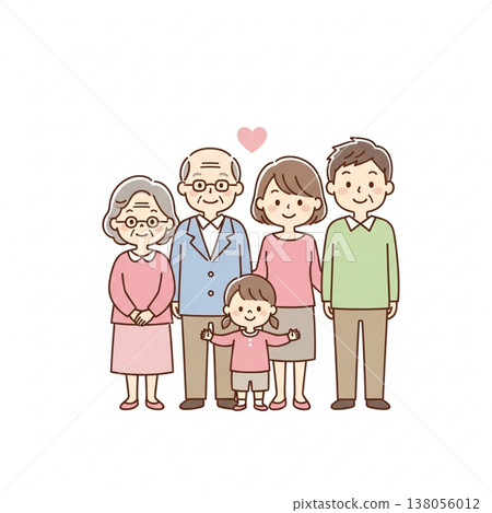 簡潔可愛的日本三代家庭插畫；笑容燦爛的日本家庭；扁平化設計，白色背景。 138056012