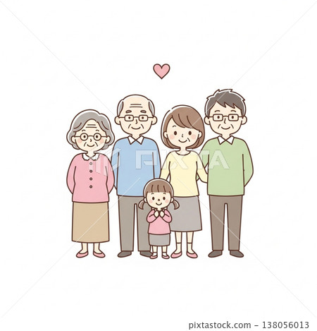 簡潔可愛的日本三代家庭插畫；笑容燦爛的日本家庭；扁平化設計，白色背景。 138056013