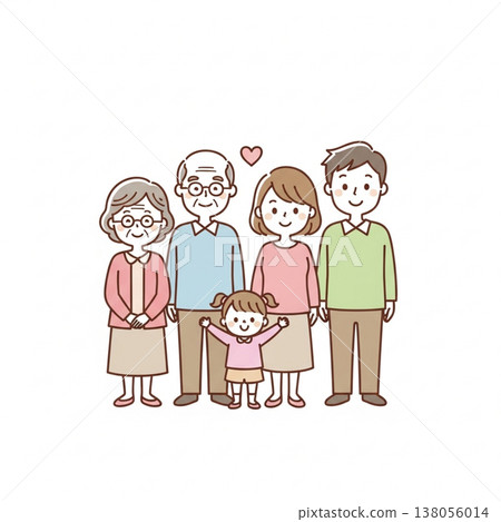 Simple and cute illustration of a three-generation Japanese family; smiling Japanese family; flat design, white background. 138056014