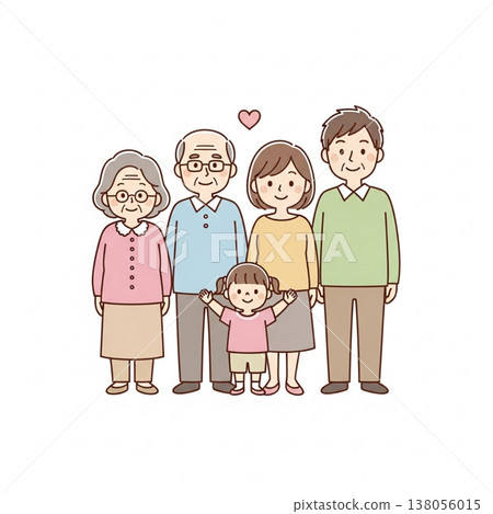 簡潔可愛的日本三代家庭插畫；笑容燦爛的日本家庭；扁平化設計，白色背景。 138056015