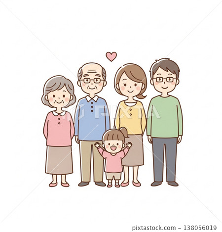 簡潔可愛的日本三代家庭插畫；笑容燦爛的日本家庭；扁平化設計，白色背景。 138056019