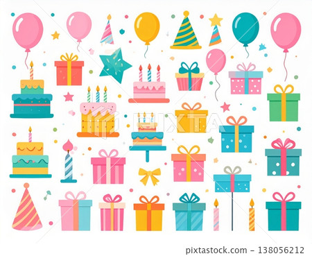 一套可愛的扁平化設計圖標，非常適合生日慶祝和派對。 138056212