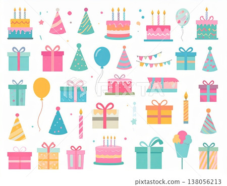 一套可愛的扁平化設計圖標，非常適合生日慶祝和派對。 138056213