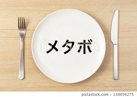 盤子和餐具上寫著「代謝症候群」字樣。 盤子和餐具上寫著「代謝症候群」字樣。 138056275