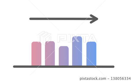 A bar graph with horizontal arrows represents a business image of stable performance and maintaining the current status (pink-purple gradient). A bar graph with horizontal arrows represents a business image of stable performance and maintaining the current status (pink-purple gradient). 138056334