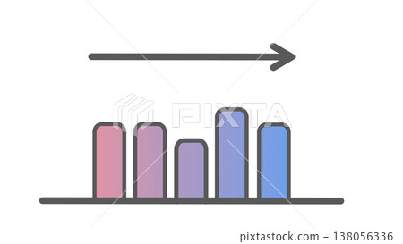 A bar graph with horizontal arrows represents a business image of stable performance and maintaining the current status (pink-purple gradient). A bar graph with horizontal arrows represents a business image of stable performance and maintaining the current status (pink-purple gradient). 138056336