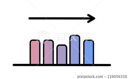 A bar graph with horizontal arrows represents a business image of stable performance and maintaining the current status (pink-purple gradient). A bar graph with horizontal arrows represents a business image of stable performance and maintaining the current status (pink-purple gradient). 138056338