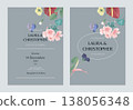 Floral wedding invitation card template design, various flowers and leaves on blue 138056348