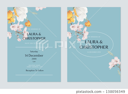 Floral wedding invitation card template design, various flowers and leaves on blue 138056349
