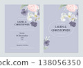 Floral wedding invitation card template design, various flowers and leaves on purple 138056350
