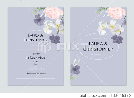 Floral wedding invitation card template design, various flowers and leaves on purple 138056350