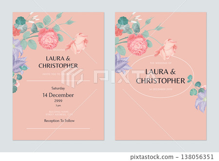 Floral wedding invitation card template design, various flowers and leaves on brown Floral wedding invitation card template design, various flowers and leaves on brown 138056351