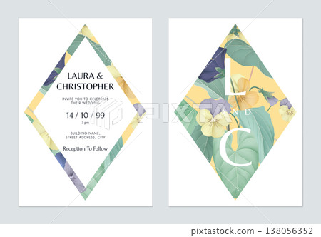 Floral wedding invitation card template design, Pansy flowers and leaves 138056352