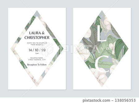 Floral wedding invitation card template design, white pansy flowers and leaves 138056353