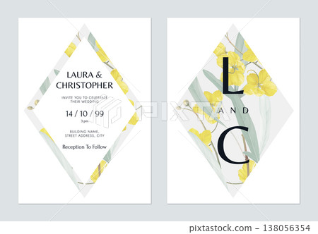 Floral wedding invitation card template design, golden shower flowers and leaves 138056354